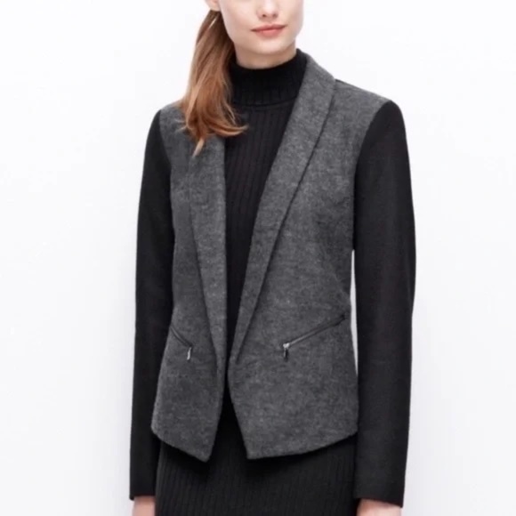 Ann Taylor Women's Black/Grey Felted Wool Color Block No Button Blazer Sz 0 - Picture 1 of 8